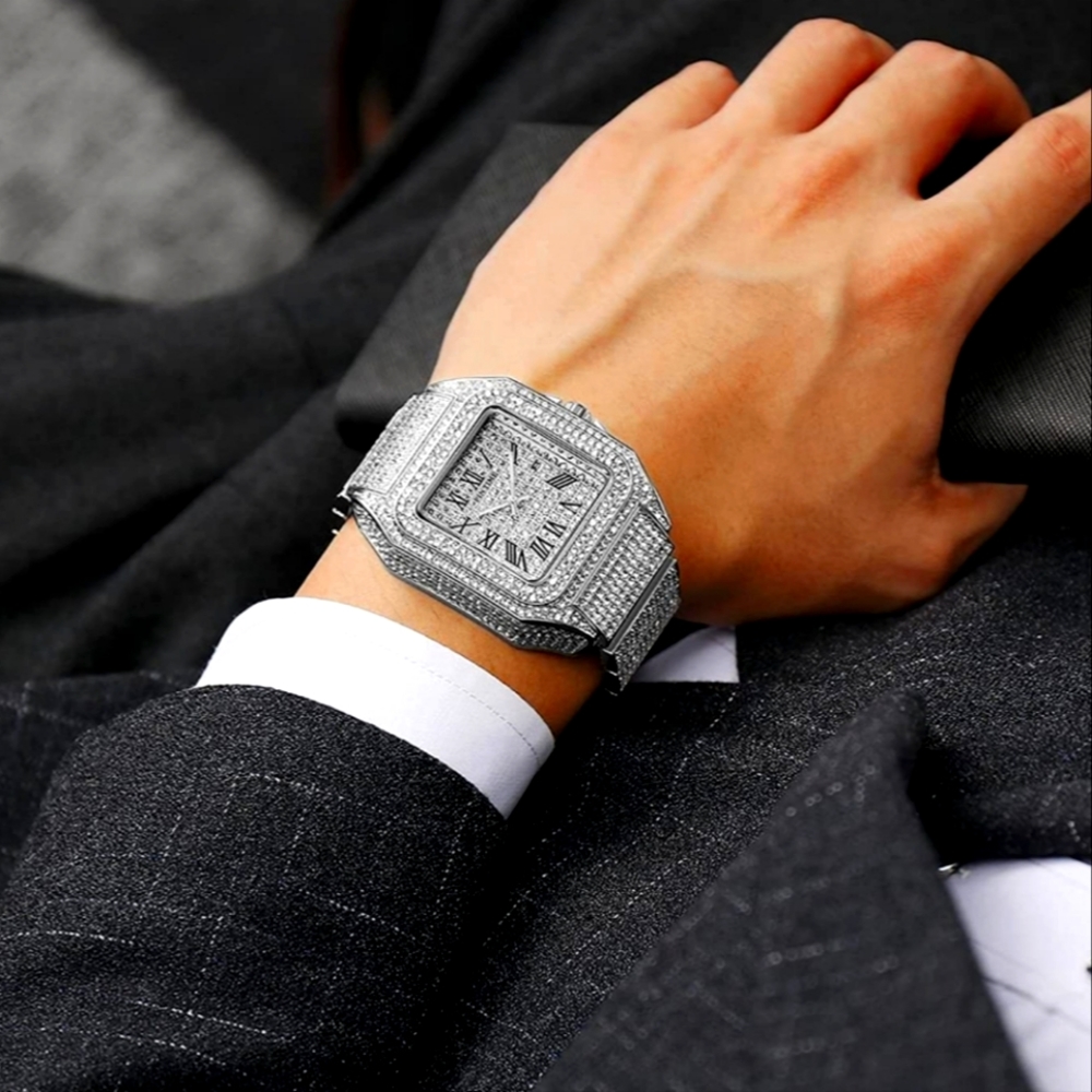 Sharp and Sleek Mens Iced Out Bling Diamond CZ Watch